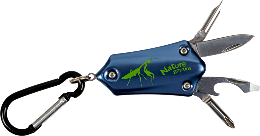 Blaues Multifunktionswerkzeug mit Karabiner, grüner Käfergrafik und teilweise geöffnetem Messer und Schraubenzieher.