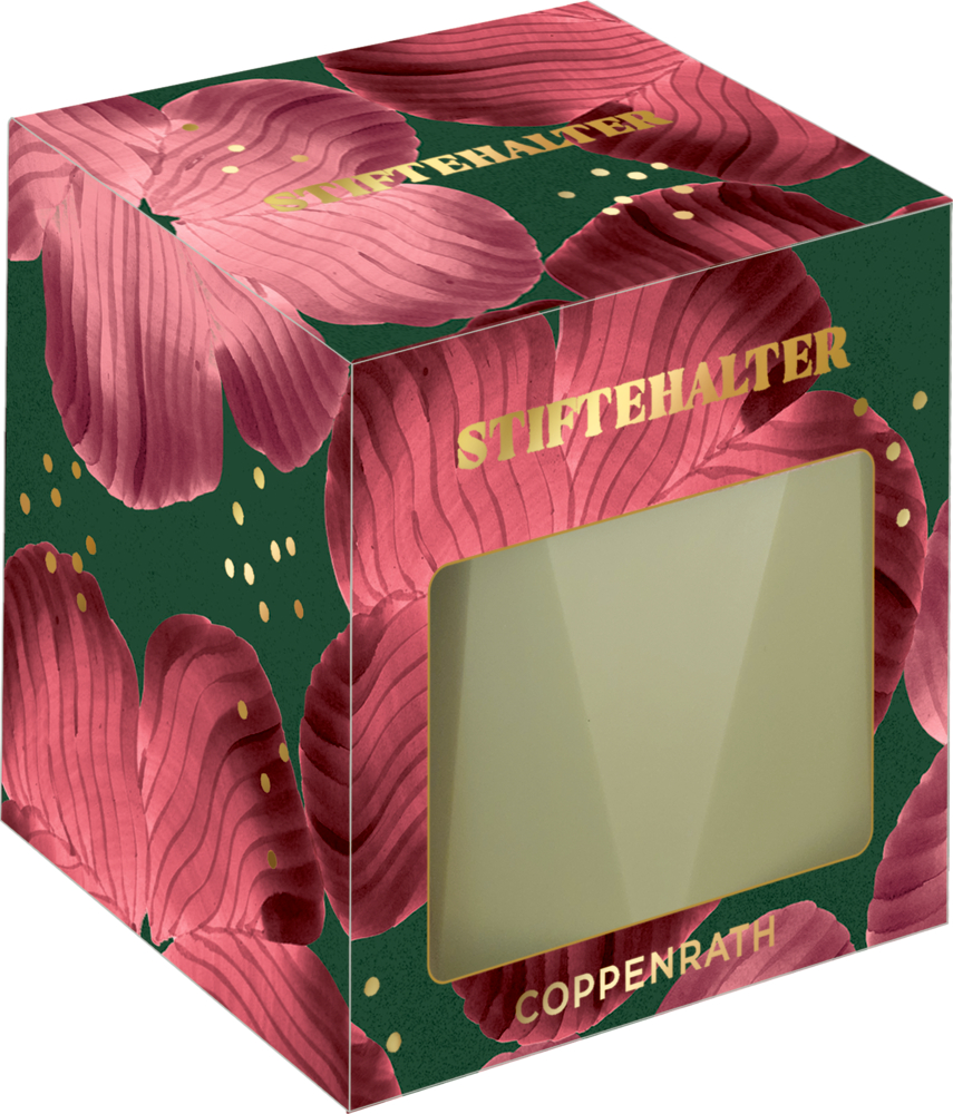 Quadratische Verpackung mit grünem Inhalt, rosa Blättermuster, goldener Schrift „Stiftehalter“ und Sichtfenster auf der Vorderseite.