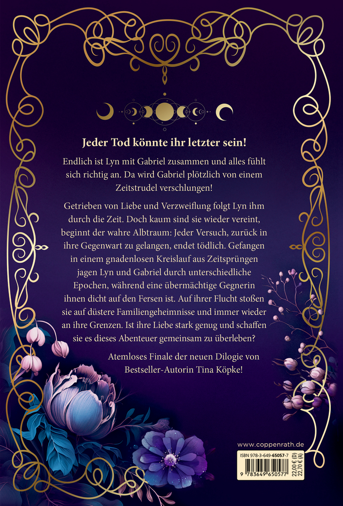 Rückseite eines Buches mit goldenem Zierrahmen, floralen Motiven, Mondphasen-Symbolen und Klappentext auf lila Hintergrund.
