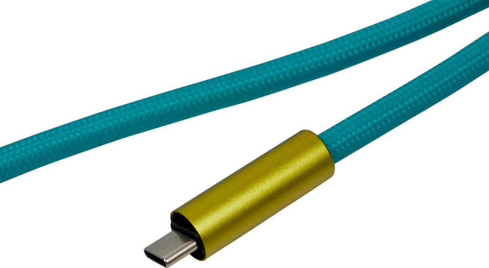 Türkises USB-C-Kabel mit metallischem, goldenem Stecker.