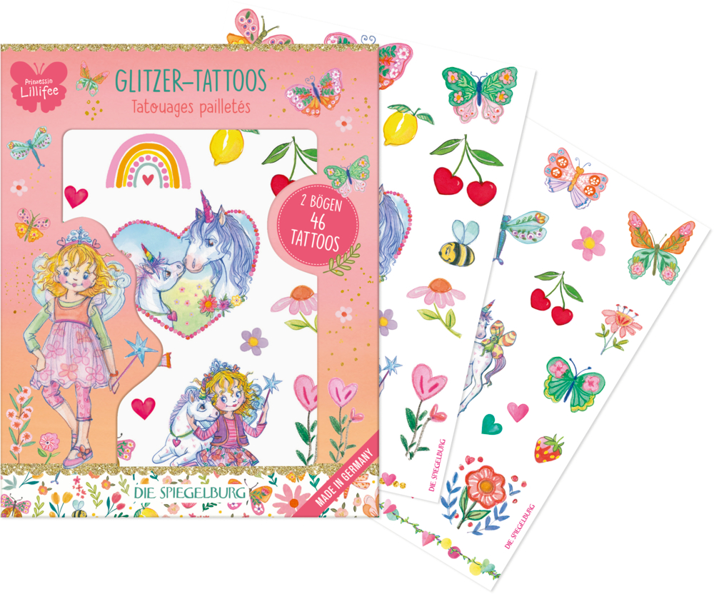 Set aus zwei Bögen Glitzer-Tattoos mit Motiven wie Prinzessin, Einhörnern, Herzen, Blumen, Schmetterlingen, Bienen und Früchten.