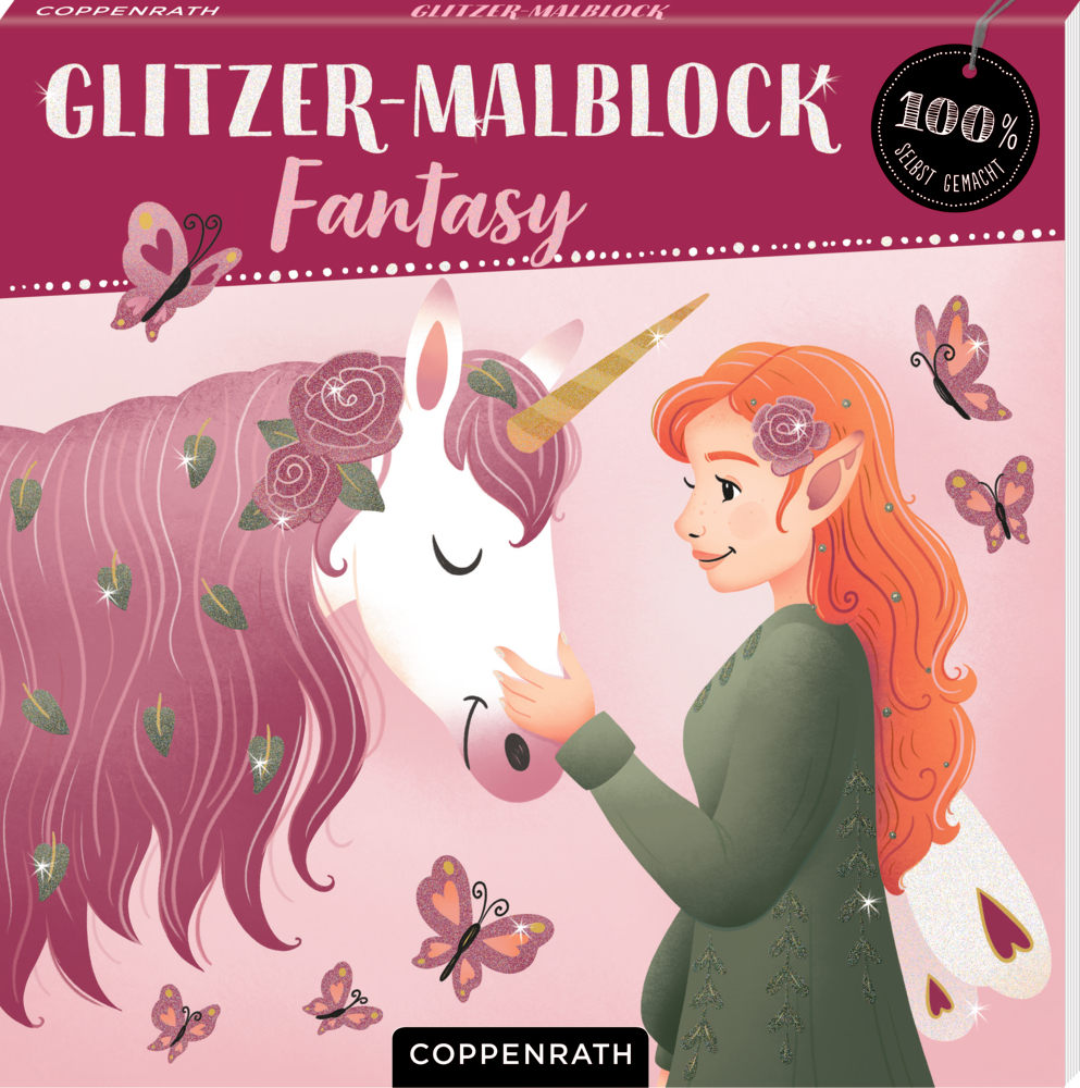Elfenmädchen streichelt Einhorn mit rosa Mähne, umgeben von Schmetterlingen und Blumen auf einem Fantasy-Malblockcover.