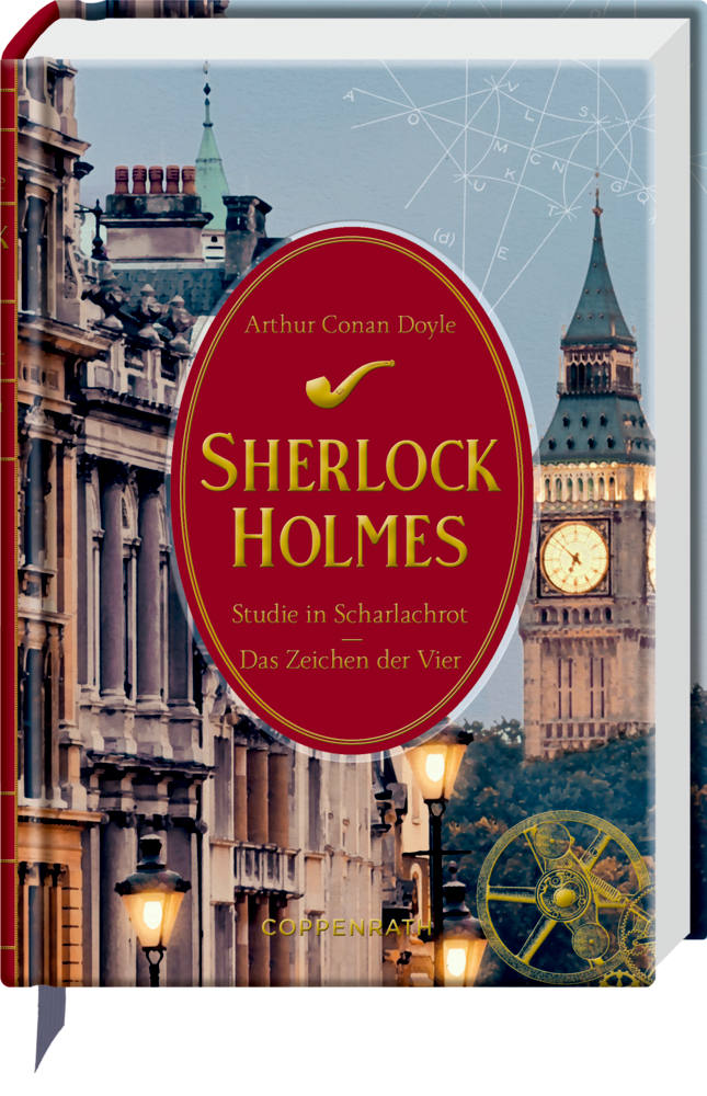 Buchcover von Sherlock Holmes mit Big Ben, der Skyline von London und Straßenlaternen im Hintergrund.