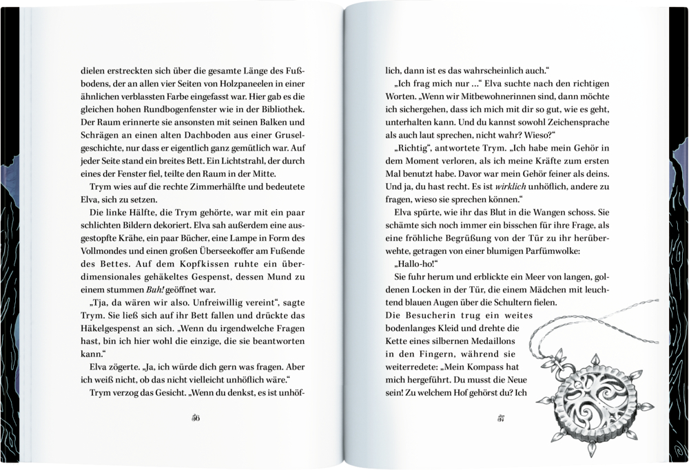 Aufgeschlagenes Buch mit Text auf zwei Seiten und einer Zeichnung eines Medaillons mit Kette unten rechts.
