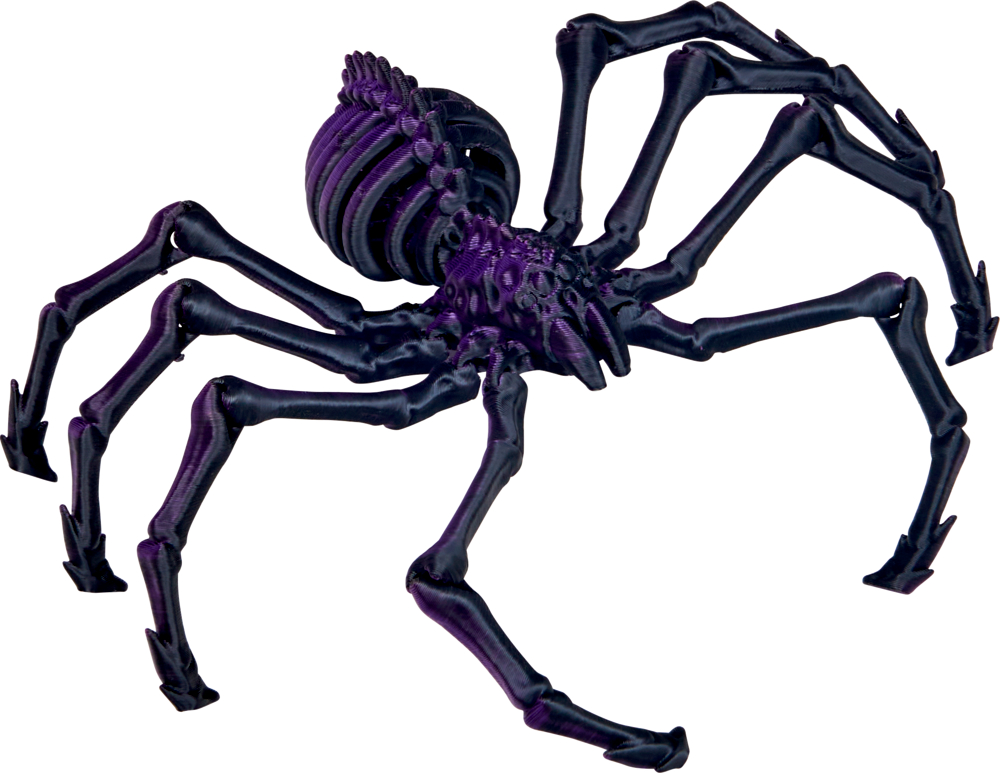 Schwarz-violette Spinnenfigur mit segmentiertem Körper und langen, gegliederten Beinen.