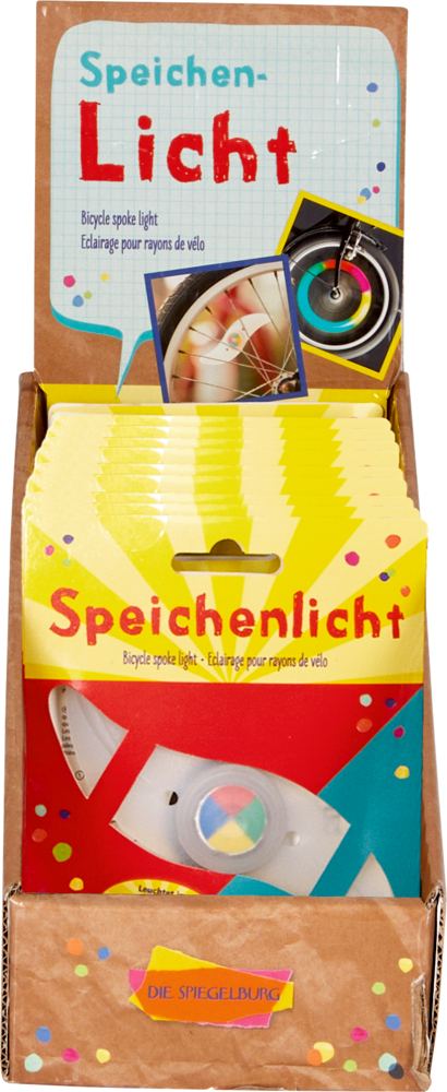 Buntes Kartondisplay mit mehreren Speichenlichtern auf bunten Pappkarten.
