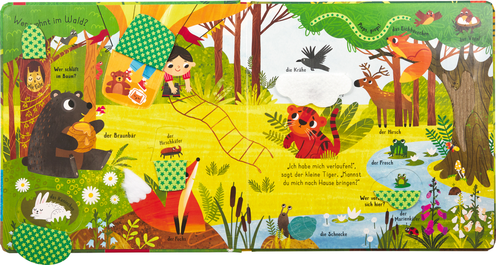 Bunte Illustration mit Tieren, einem Kind, Bäumen, Pflanzen und versteckten Klappen.