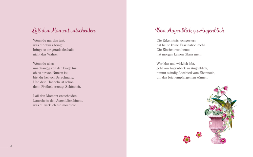 Zwei Seiten eines Gedichtbands, rechts florale und Vogel-Illustration in einer rosa Vase.
