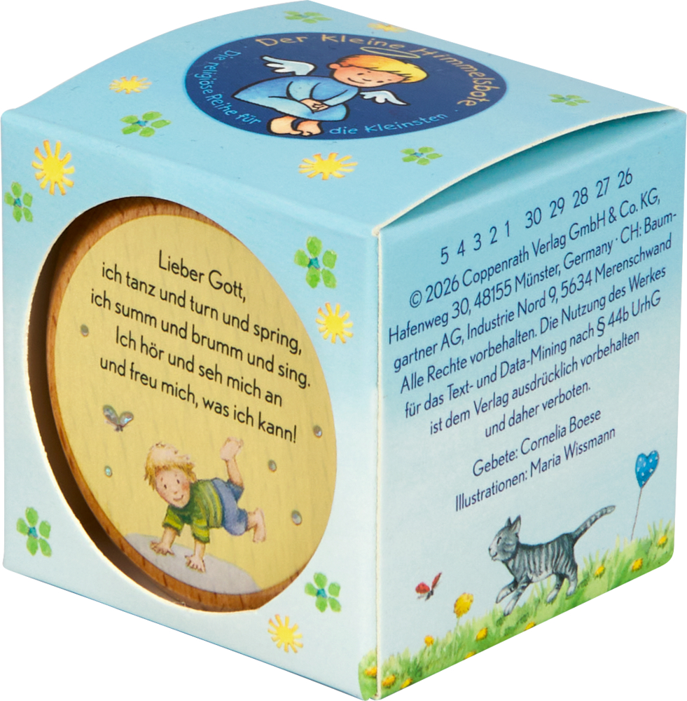 Bunte Box mit tanzendem Kind, Katze und Blumen. Text auf den Seiten und oben sichtbar.