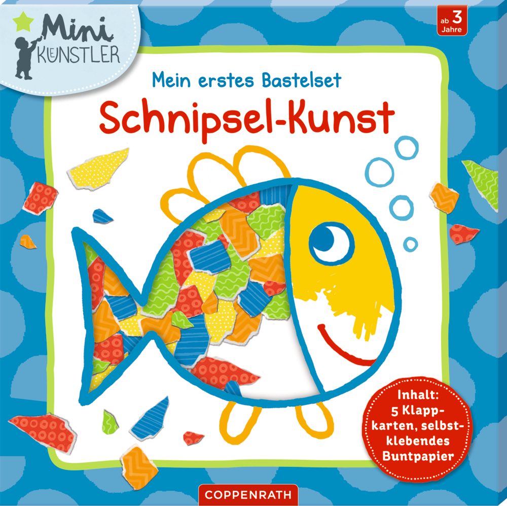 Bunte Fische aus ausgeschnittenen Papierstücken zieren den Umschlag eines Kinderbastelsets mit dem Titel „Schnipsel-Kunst“.
