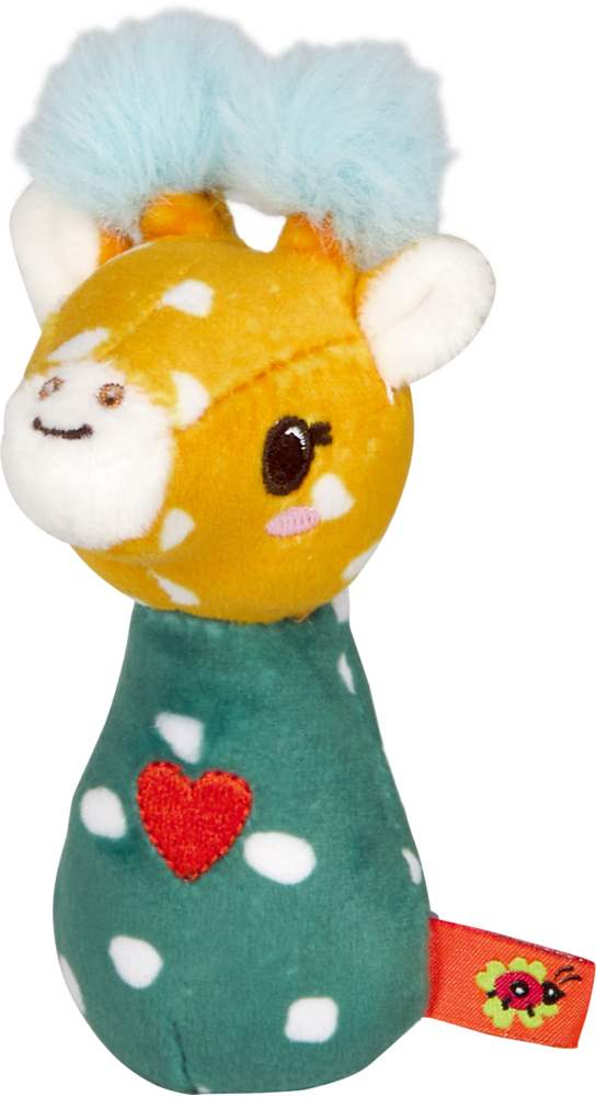 Plüschgiraffe mit blauem Mähne, grünem Körper, weißen Flecken und rotem Herzaufnäher auf der Brust.
