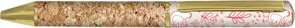 Brauner strukturierter Stift mit goldener Spitze, weißer Kappe mit rotem Hühner-Motiv und goldenem Clip.