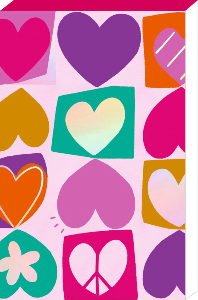 Handgezeichnete Herzen und Friedenszeichen auf rosa Hintergrund mit bunten geometrischen Formen.