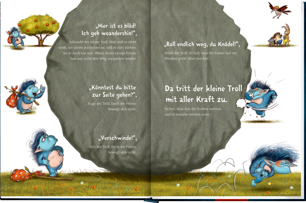 Kleiner blauer Troll mit rotem Beutel begegnet großem grauen Felsen, tritt dagegen und fällt danach auf den Boden.