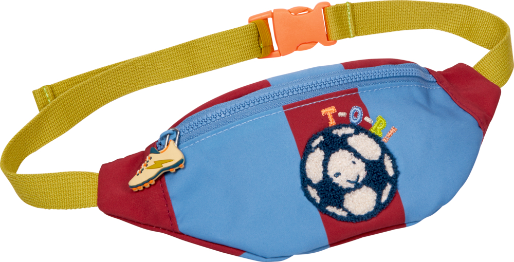 Blau-rote Gürteltasche mit gelbem Riemen, Fußballaufdruck und Reißverschluss mit schuhförmigem Aufnäher.