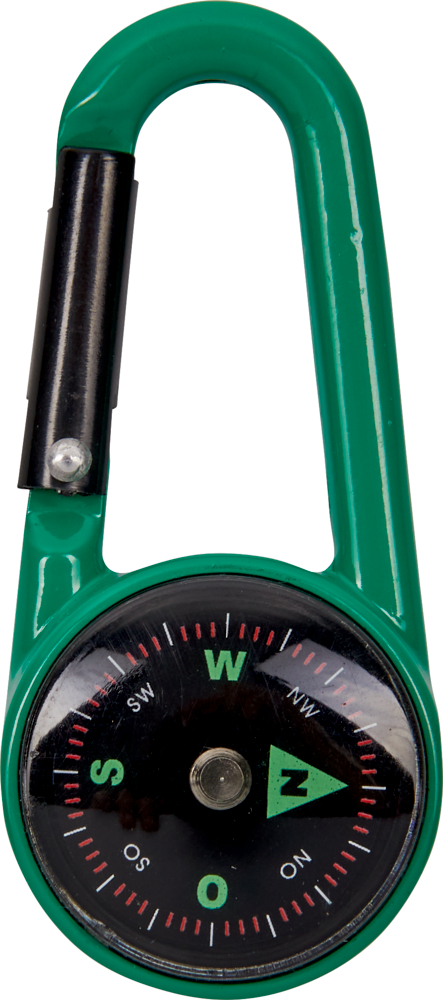 Grüner Karabiner mit integriertem schwarzen Kompass zur Anzeige der Himmelsrichtungen.