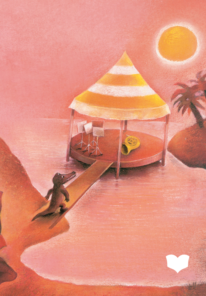 Unter einem rosa Himmel und strahlender Sonne geht das Krokodil zu einem Pavillon über dem Wasser mit Stühlen und einer Tuba.
