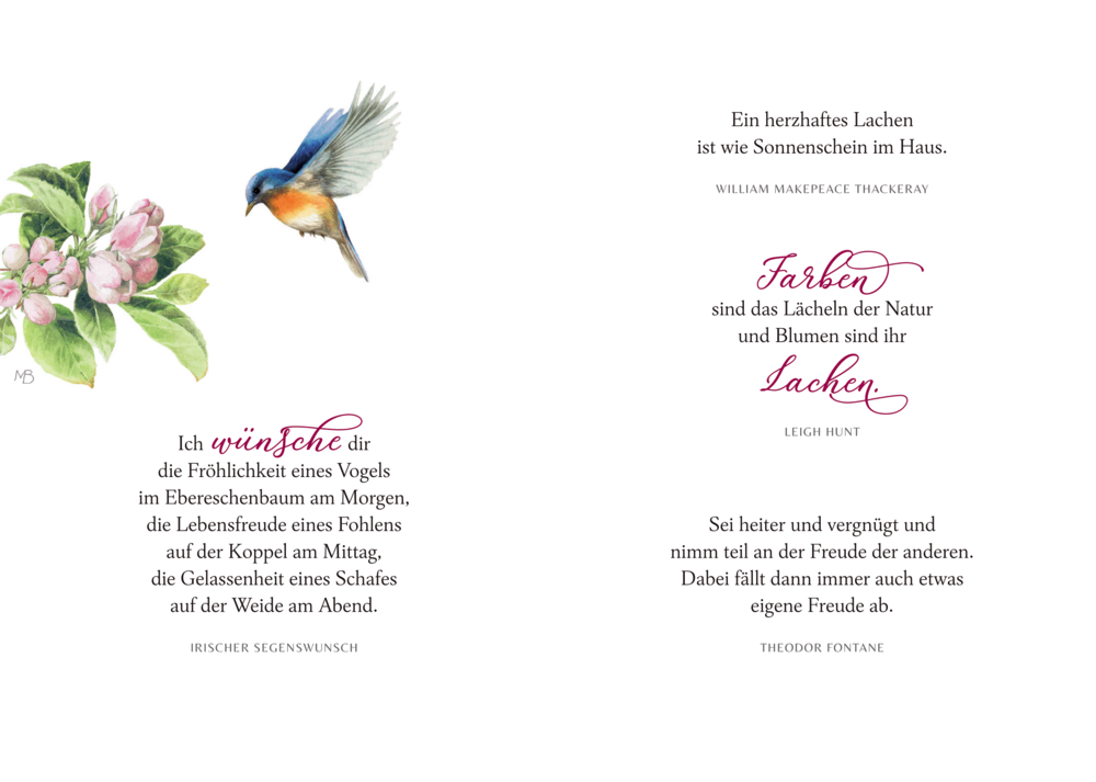 Illustration eines fliegenden Vogels neben rosa Blütenzweigen sowie mehrzeiliger Text mit Zitaten und Segenswunsch.