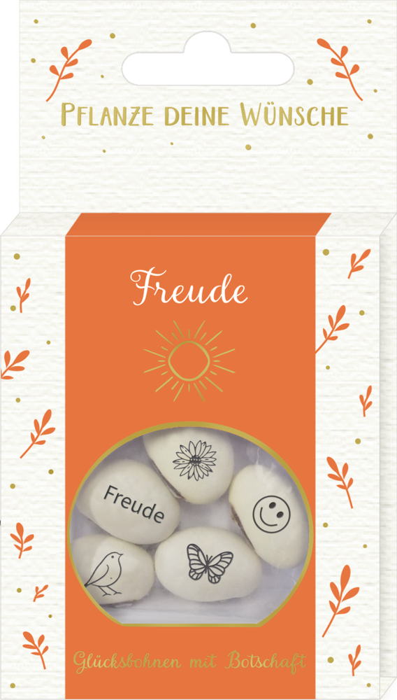 Samenpaket mit der Aufschrift „Freude“ und dekorierten Bohnen mit Symbolen wie Sonne, Smiley, Vogel und Schmetterling.