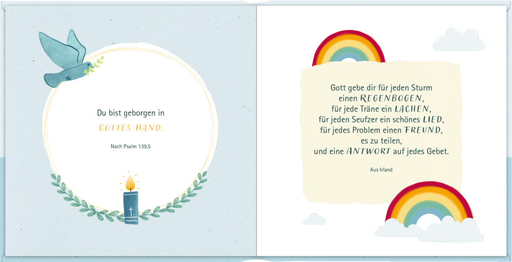 Taube und Kerze auf der einen Seite, Regenbögen mit  Worten der Hoffnung und Freundschaft auf der anderen.