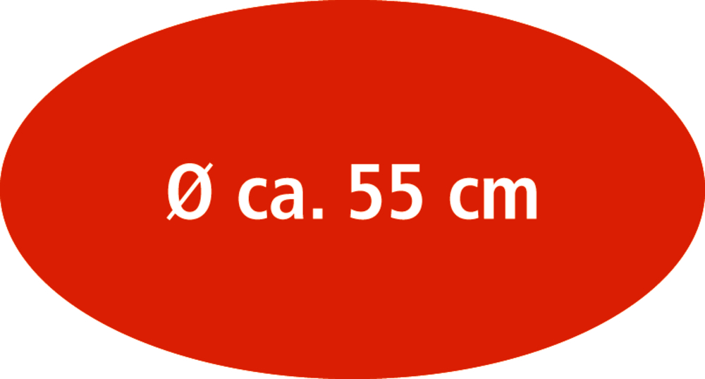 Rotes Oval mit weißem Text „Ø ca. 55 cm“ zentriert.