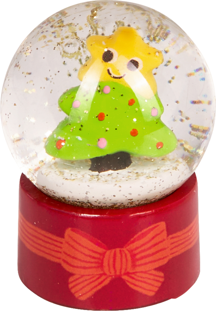 Schneekugel mit grünem Weihnachtsbaum mit gelbem Stern mit Gesicht und Glitzer auf rotem Sockel mit Schleifenmotiv.
