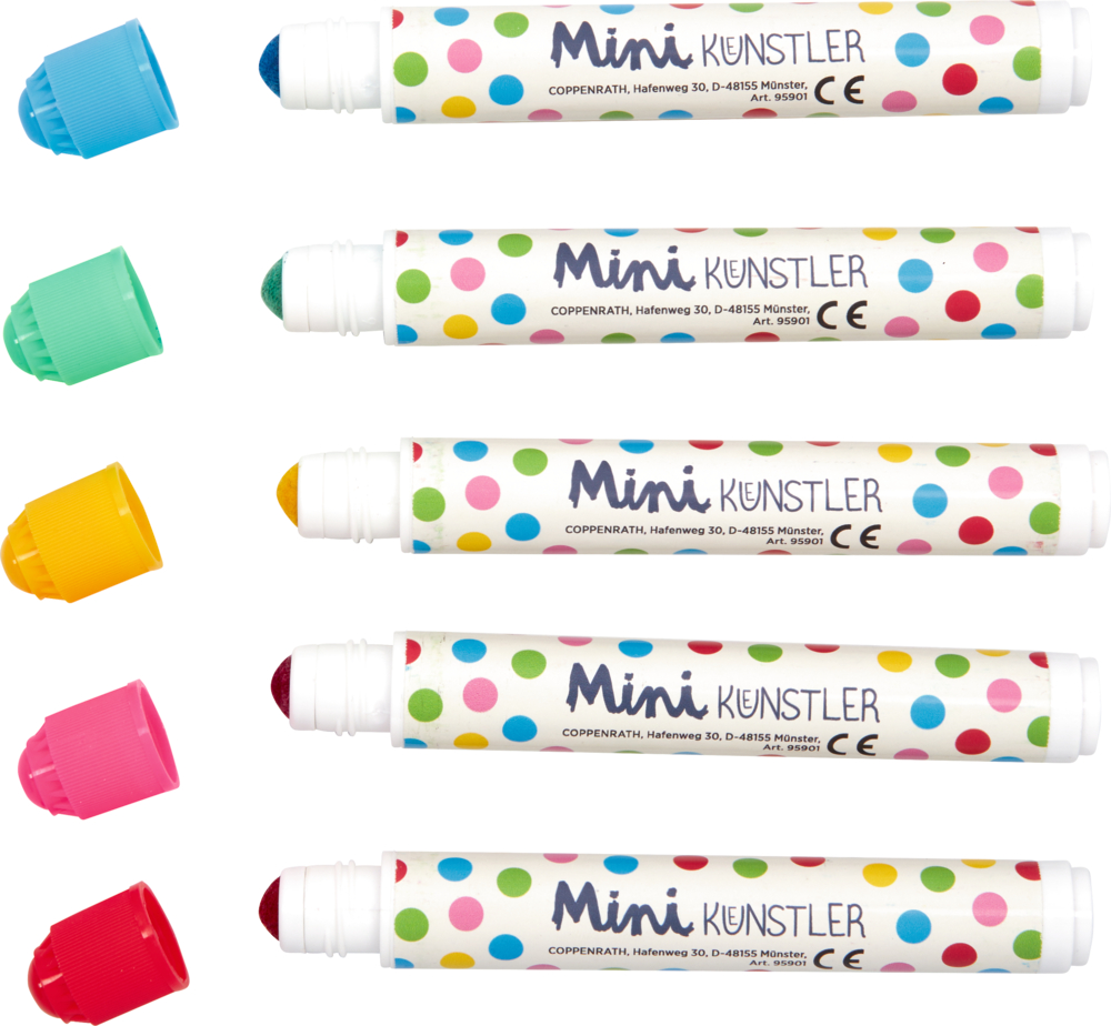 Fünf bunte, gepunktete Marker mit unterschiedlichen Kappen, horizontal aufgereiht auf weißem Hintergrund.