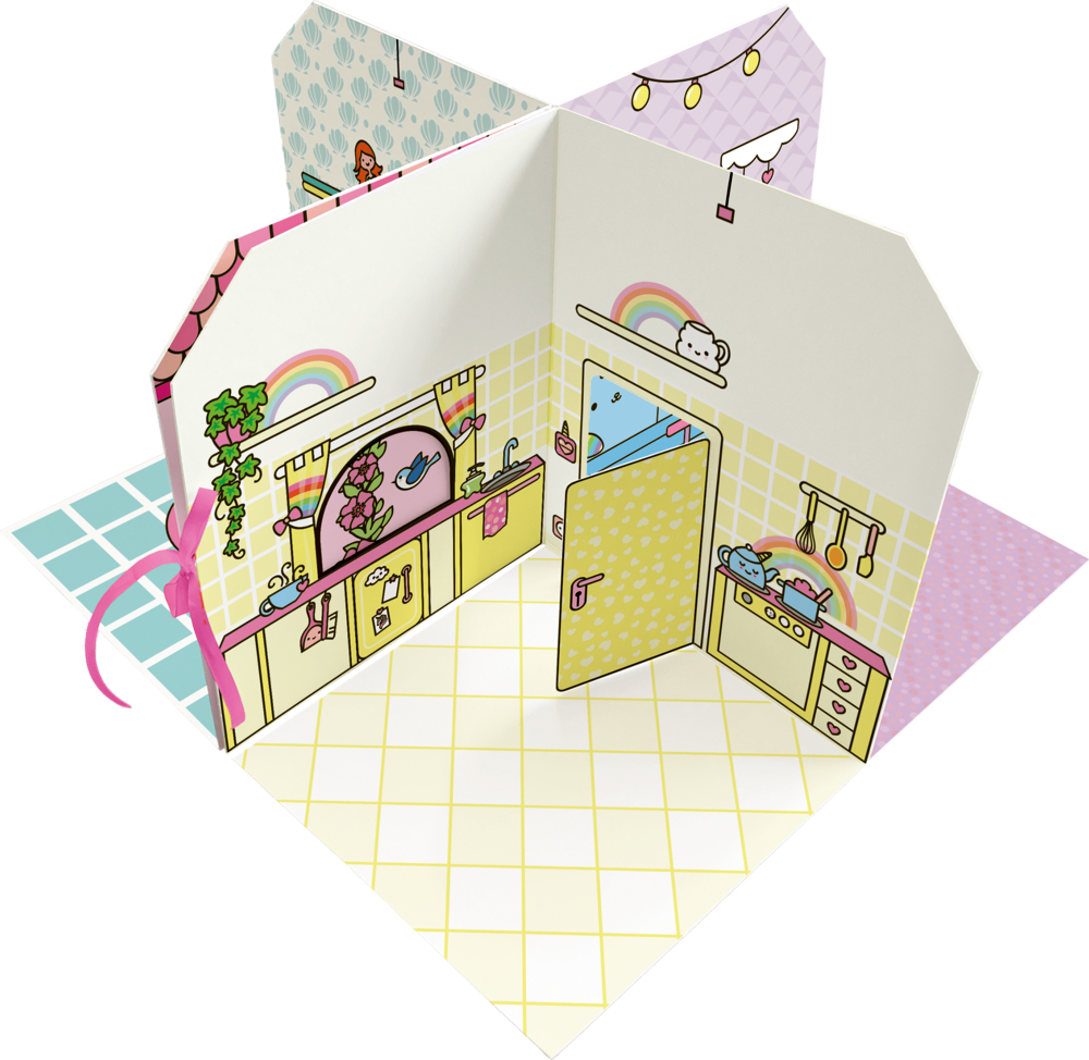 Aufgebautes Miniaturhaus aus Karton mit bunter Küche, Schrank, Spüle, Herd, Regenbogenmotiven und gezeichneten Figuren.