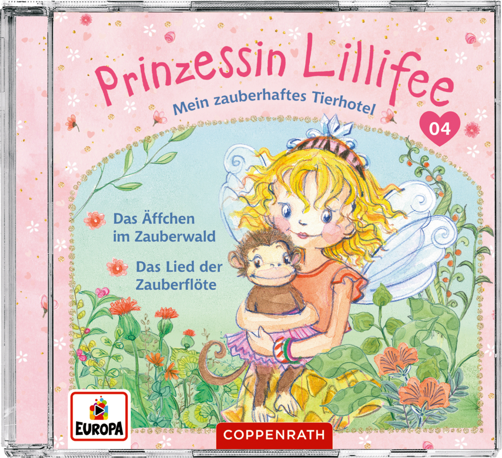 CD-Cover: Geflügelte Prinzessin mit einem Affen zwischen Blumen; der Text beschreibt ein zauberhaftes Tierhotel.