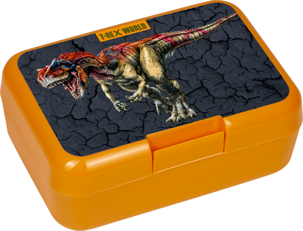 Orangefarbene Lunchbox mit einem brüllenden T-Rex-Bild und dem Text „T-REX WORLD“ auf dem Deckel.