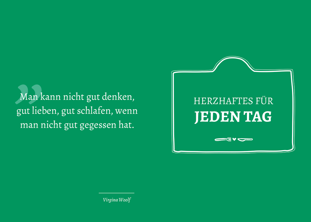 Grüner Hintergrund mit Text rechts "herzaftes für jeden Tag", Zitat links von Virginia Woolf.
