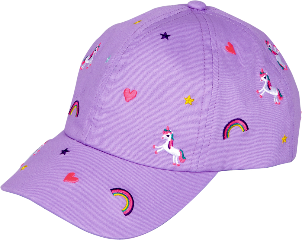 Lila Kappe mit gestickten Einhörnern, Regenbögen, Herzen und Sternen in bunten Farben.
