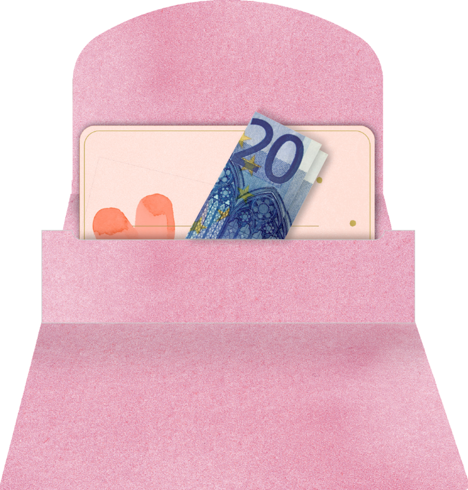 Offener rosa Umschlag mit einer Karte und einem gefalteten 20-Euro-Schein darin.