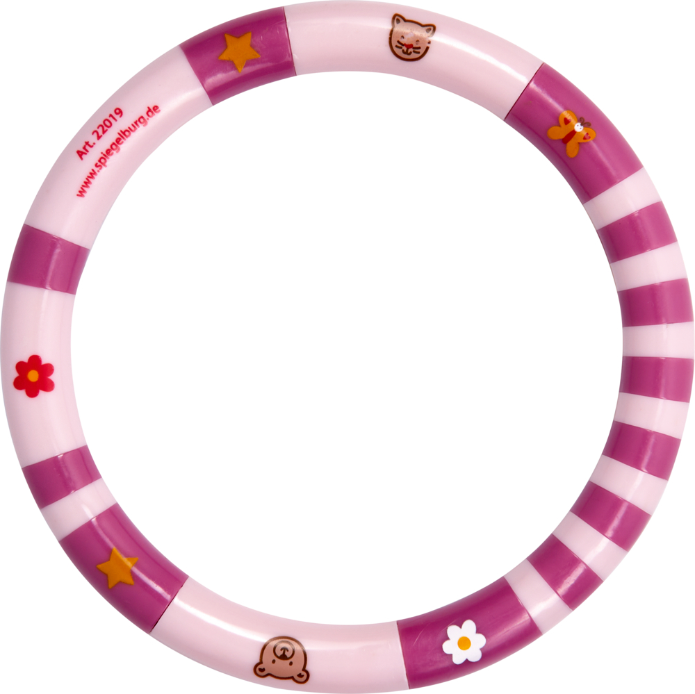 Rosa und weinrot gestreifter Ring mit Sternen, Blumen und anderen Motiven.