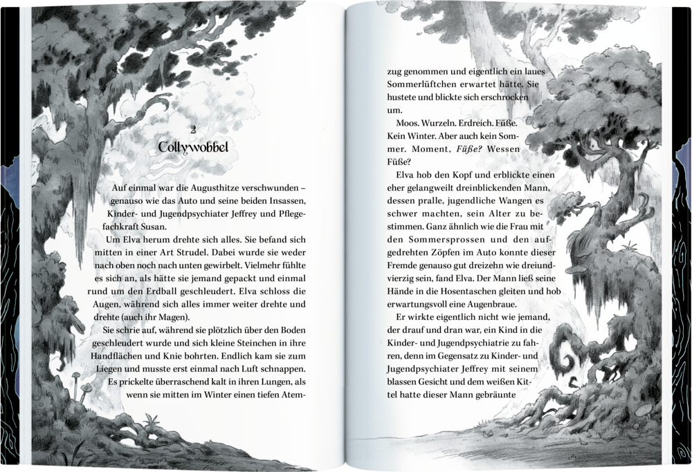 Offenes Buch mit schwarz-weißer Illustration von Bäumen und Text auf beiden Seiten.