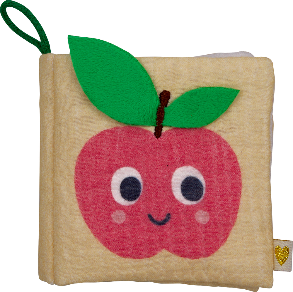 Quadratisches, gelbes Stoffbuch mit appliziertem lächelndem Apfel mit Gesicht und zwei grünen Blättern.
