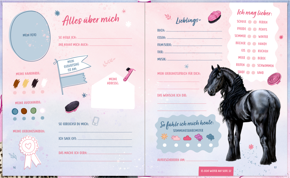 Freundebuchseiten mit Pferdeillustration, Ausfüllhilfen und bunten Verzierungen.