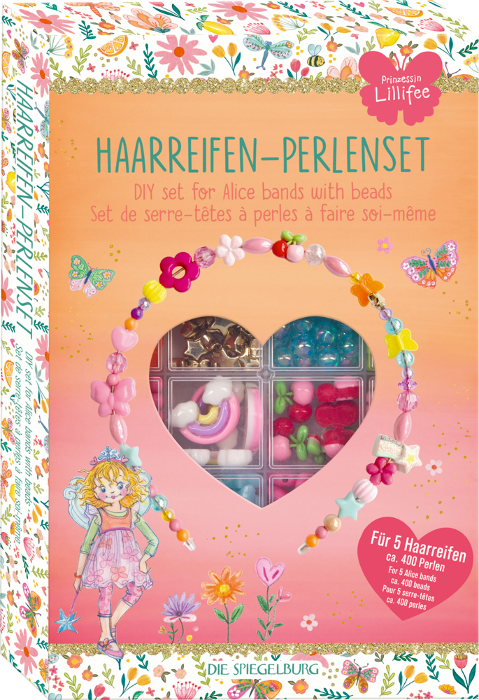 Bastelset Verpackung in orange-rosa Schachtel mit Perlen und Zubehör für Haarreifen, verziert mit Blumen, Schmetterlingen und Lillifee.