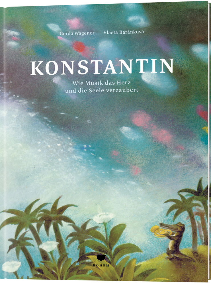 Buchcover: Konstantin – ein Frosch spielt Cello unter einem Baum, im Hintergrund ein verträumter Pastellhimmel.