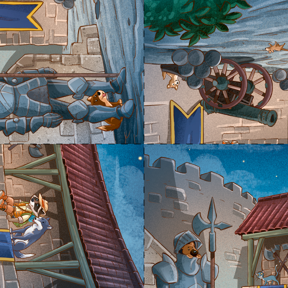 Vier Comic-Szenen mit Tieren in Ritterrüstungen und auf einer Burgmauer, teils mit Kanone, Dach und Baum dargestellt.