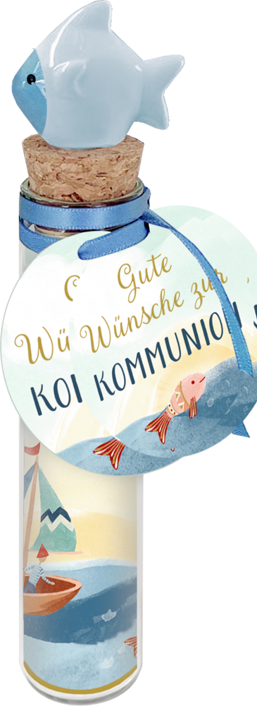 Reagenzgläschen mit fischförmigem Verschluss, rundem Etikett und nautischer Illustration.