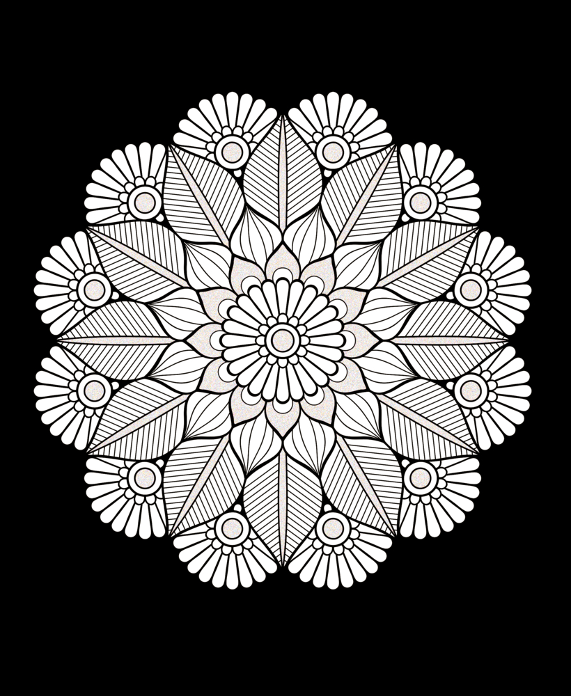 Schwarz-weißes Mandala mit Blumen- und Blattmotiven in einem kreisförmigen, symmetrischen Muster auf schwarzem Hintergrund.