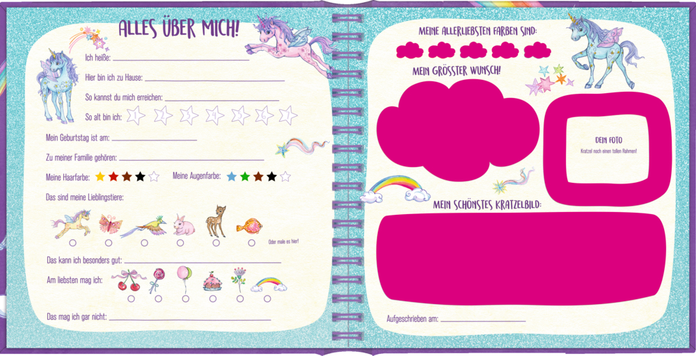 Freundebuchseiten zum Eintragen mit Einhorn-Motiven, Sternen, Regenbögen und Fantasieillustrationen.