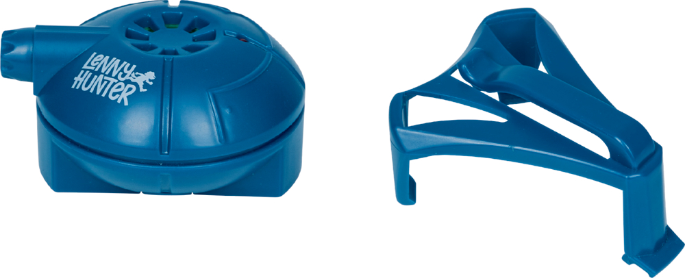 Blaues Gerät und separater blauer Kunststoffclip.