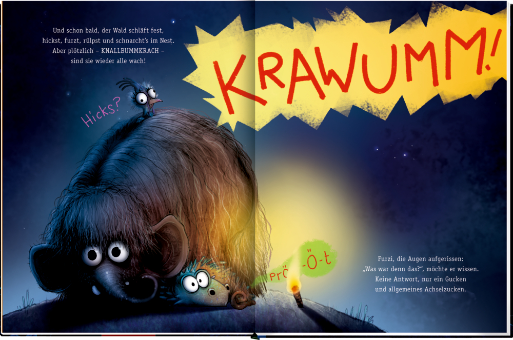Aufgeschreckte Waldtiere reagieren schockiert und überrascht auf ein lautes „KRAWUMM!“ im dunklen Wald, mit Text auf der Innenansicht.