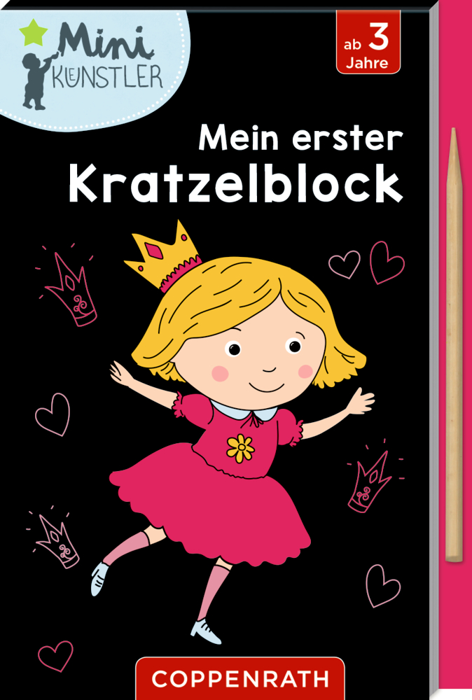 Kinder-Kratzelblock mit Prinzessinnen-Illustration auf schwarzem Untergrund.