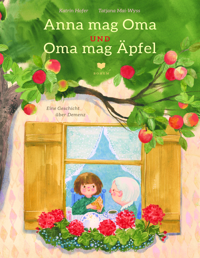 Mädchen und Großmutter an einem Fenster, eingerahmt von einem Apfelbaum mit roten Äpfeln.