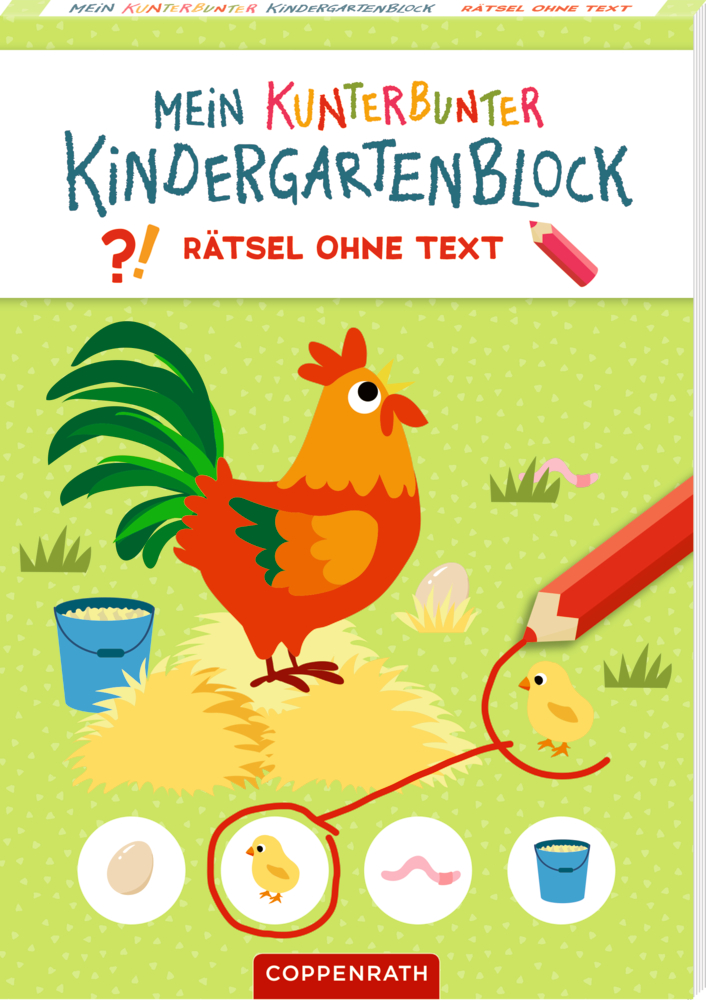Ein Hahn umkreist mit einem roten Stift ein Küken zwischen vier Objekten auf einem bunten Cover eines Kindergartenrätselbuchs.