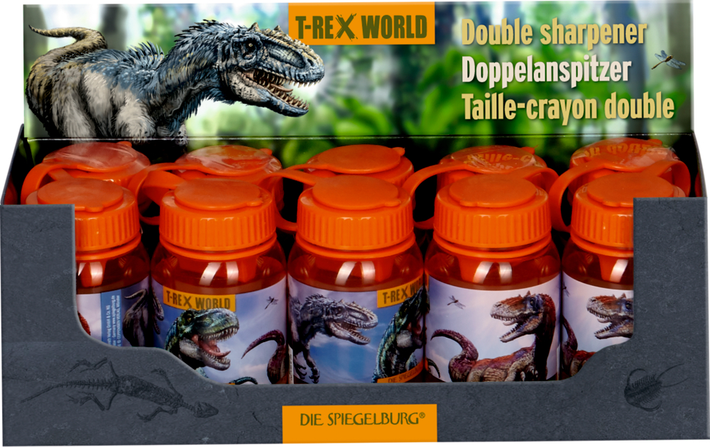 Mehrere kleine, orangefarbene Gefäße in einem Papp-Display mit illustrierten Dinosauriern.