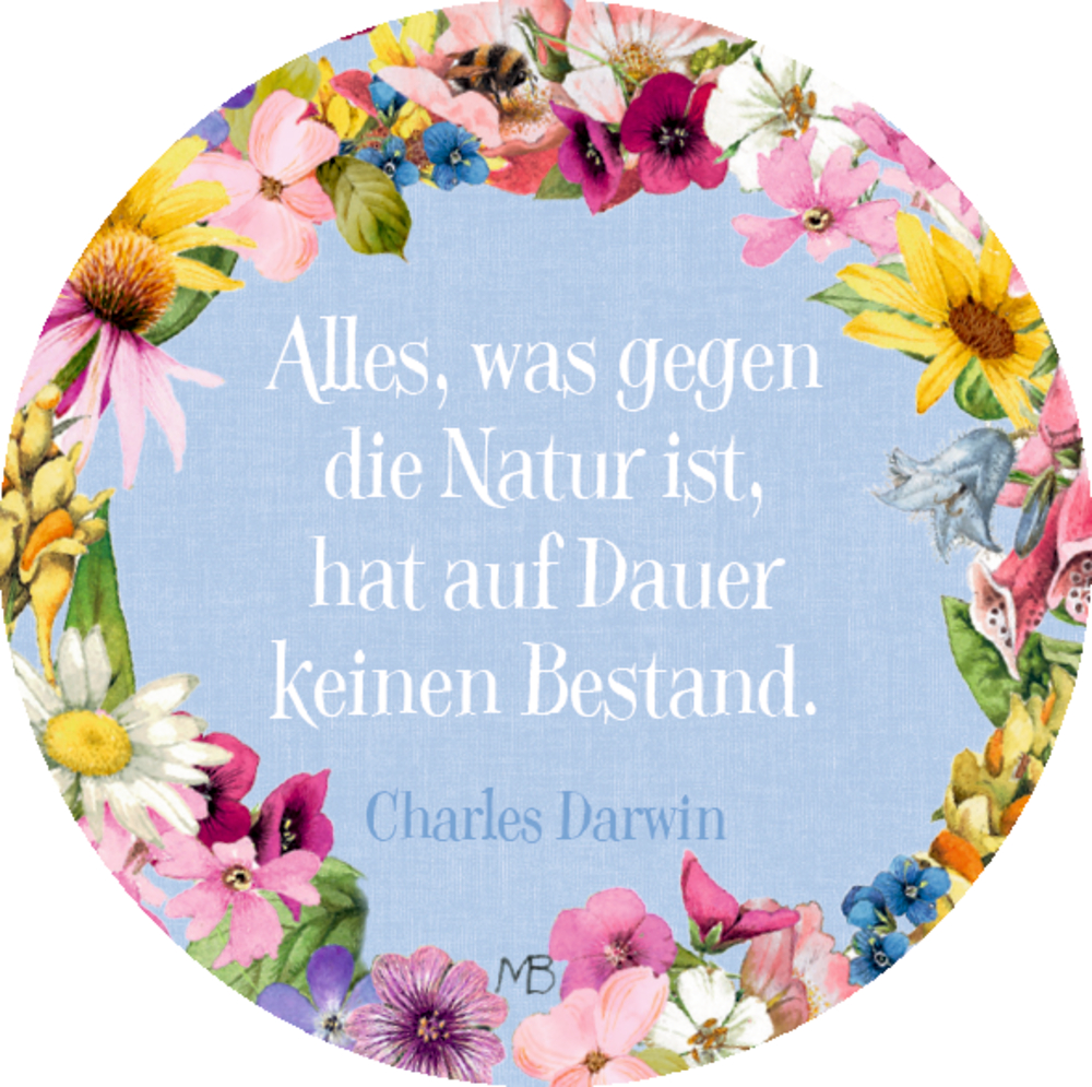 Ein Blumenrahmen gibt ein Zitat von Charles Darwin auf hellblauem Hintergrund wieder.